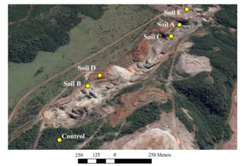 apresenta uma minerao e indica pontos com contaminao de metais pesado.