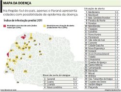 mapa do Paran indicando municpios que correm risco de epidemia de Dengue.